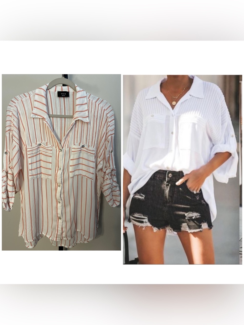 *Vici White Button-Down Shirt with Red Stripes Oversized Small